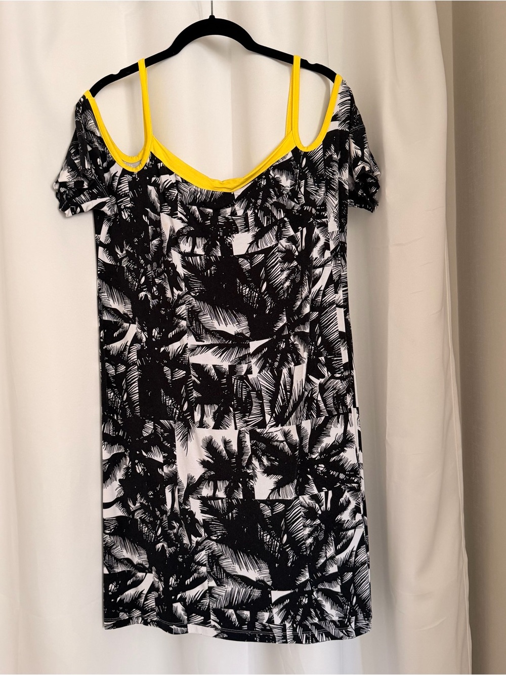 Fabletics Black & White Palm-Print Cold-Shoulder Mini Dress with Yellow Trim